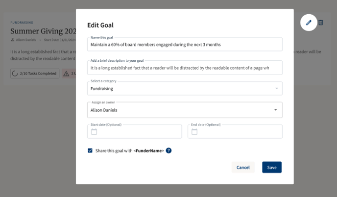 Image shows edit icon and the edit modal view with funder shared checkbox active