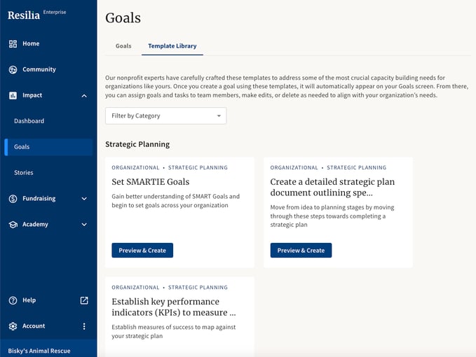 Screenshot of Goals Template Library